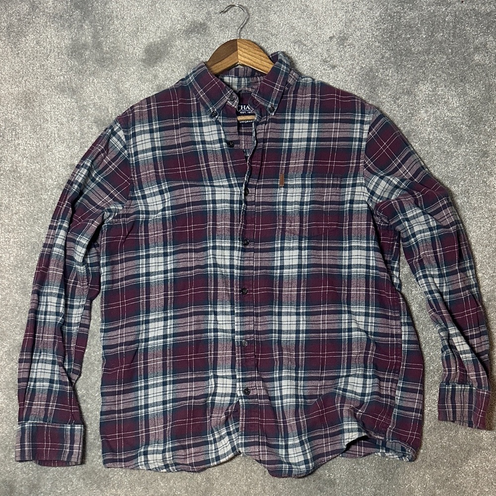 Chaps Performance Flannel Shirt Men's Large Burgundy Plaid Button Down